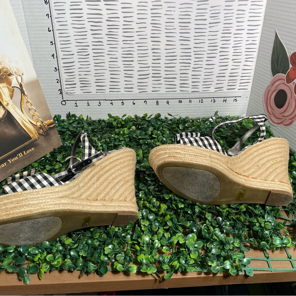 G by Guess Black and White Gingham Knot Espadrille Wedge Sandals - Picture 6 of 10
